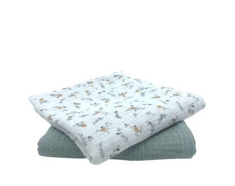 Lot de 2 langes en gaze de coton motif fleuri et uni