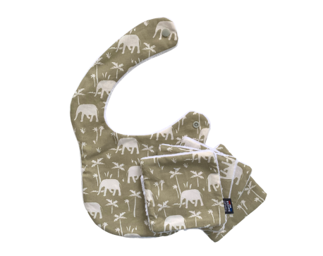 Coffret naissance – 1 bavoir + 4 lingettes lavables Morif Elephant