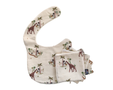 Coffret naissance – 1 bavoir + 4 lingettes lavables Motif Savane