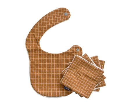 Coffret naissance – 1 bavoir + 4 lingettes lavables Carreaux Camel