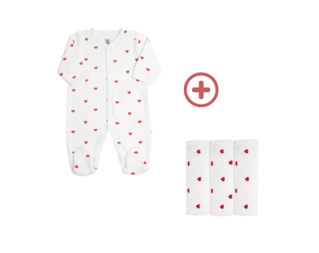 Pyjama velours + lot de 3 langes – Petits Cœurs Rouges